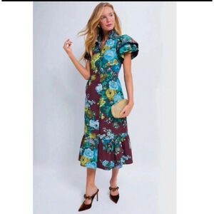 Tuckernuck Oxblood Verdant Alice Dress XS Floral Ruffles Merlot Preppy Classic